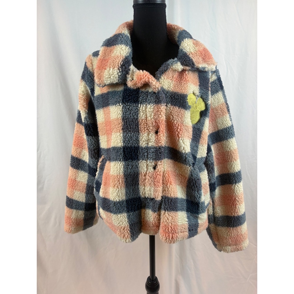 Disney Mickey Mouse Plaid Sherpa Fleece Teddy Jacket Pink Navy XL - Picture 5 of 8
